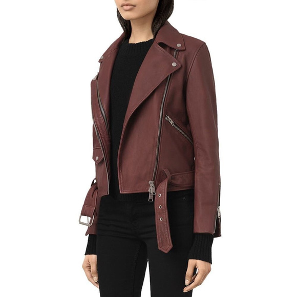 ALL SAINTS HARLAND LEATHER JACKET BORDEAUX RED - Picture 2 of 8